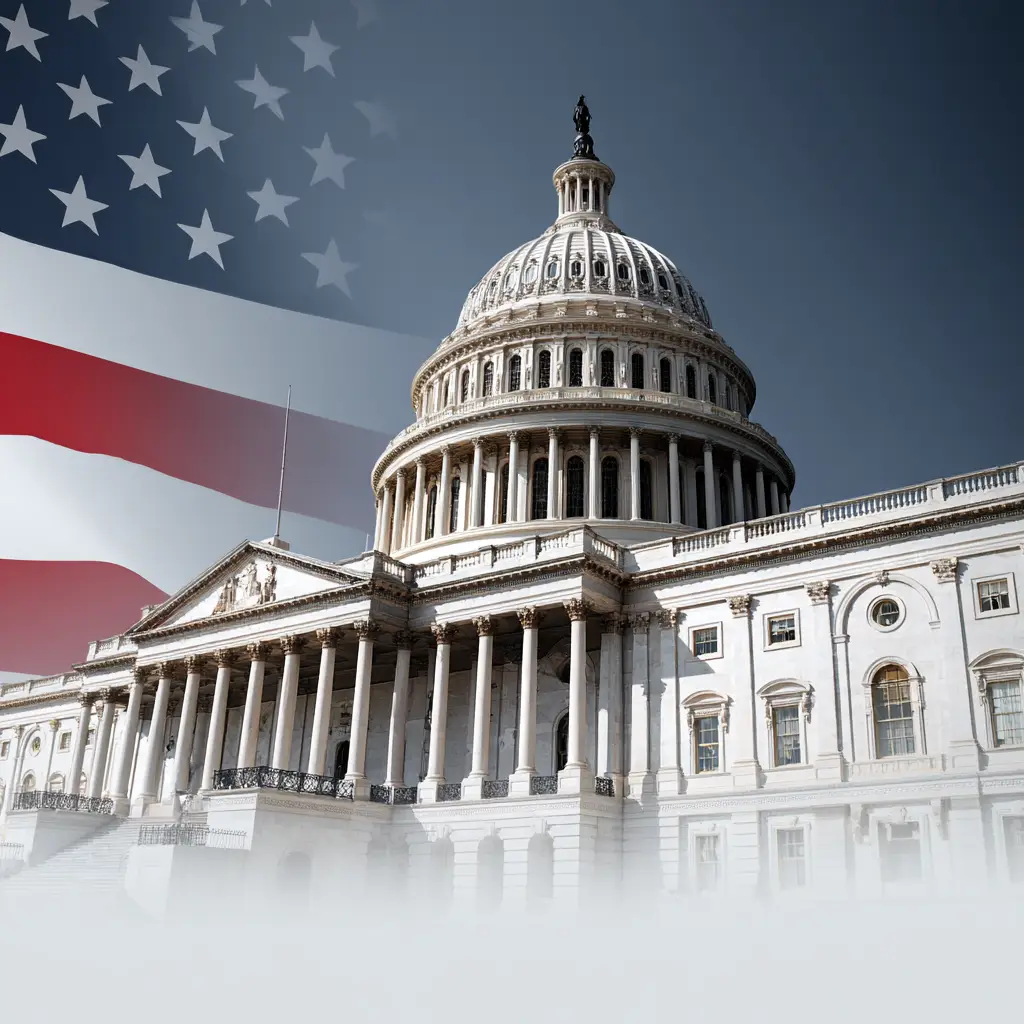 The United States Capitol building represented with a modern digital overlay symbolizing federal funding for civic technology