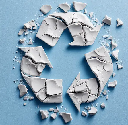 Cracked white ceramic pieces forming a recycle symbol representing replacing paper workflows with digital systems