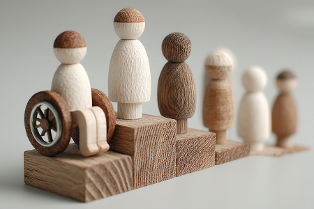 Diverse wooden figures including one in a wheelchair representing inclusive community-centric design