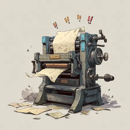 Cartoon-style printing press representing paper-based workflows