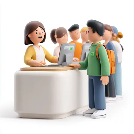 3D digital illustration of a staff member at a front desk guiding a community guest, representing modern resident engagement