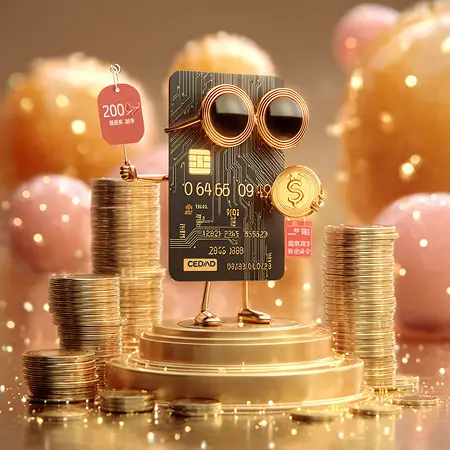 A cute glossy 3D credit card mascot standing on a gold platform, representing the rewarding nature of social earning and community credits