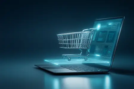 Futuristic concept of a shopping cart icon floating, representing the high-speed Amazon-style checkout expected in modern recreation software