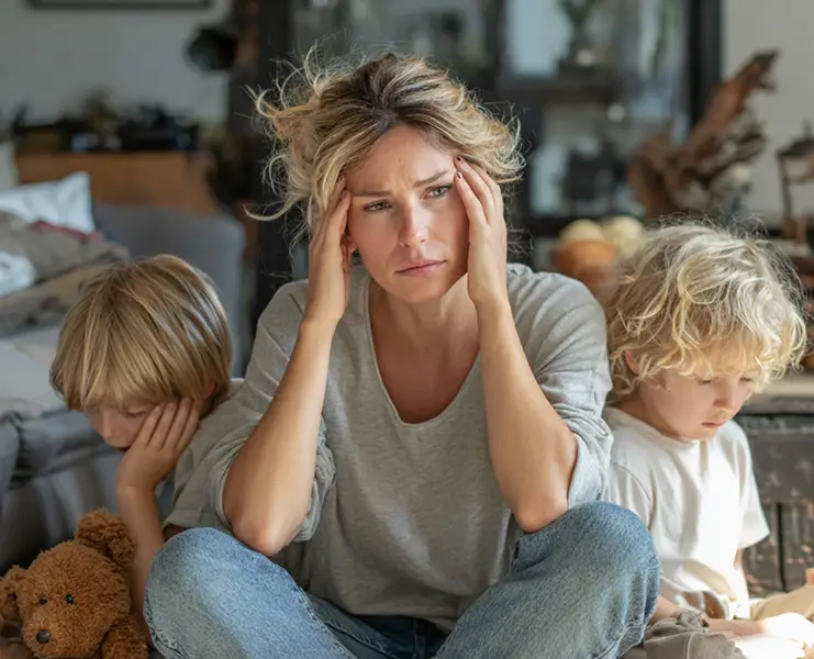 Stressed parent with paperwork